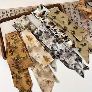 Silk-Feel Floral & Watercolor Long Scarf Wrap - Neutral Tones